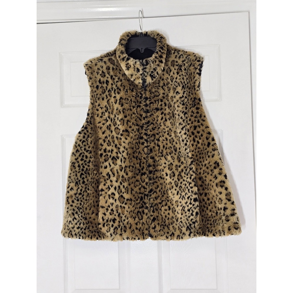 Kristen Blake Reversible Faux Fur Leopard Print Vest Black Women XL pockets